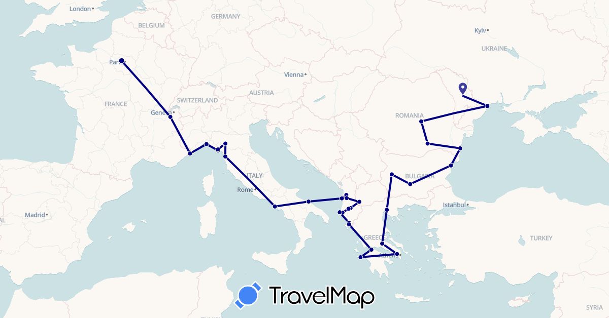 TravelMap itinerary: driving in Albania, Bulgaria, France, Greece, Italy, Moldova, Macedonia, Romania, Ukraine (Europe)